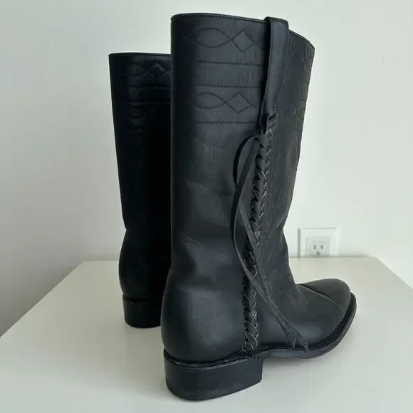 German Botas Leather Boots Size 25 Black Braided Fringe Riding Marching Stitch